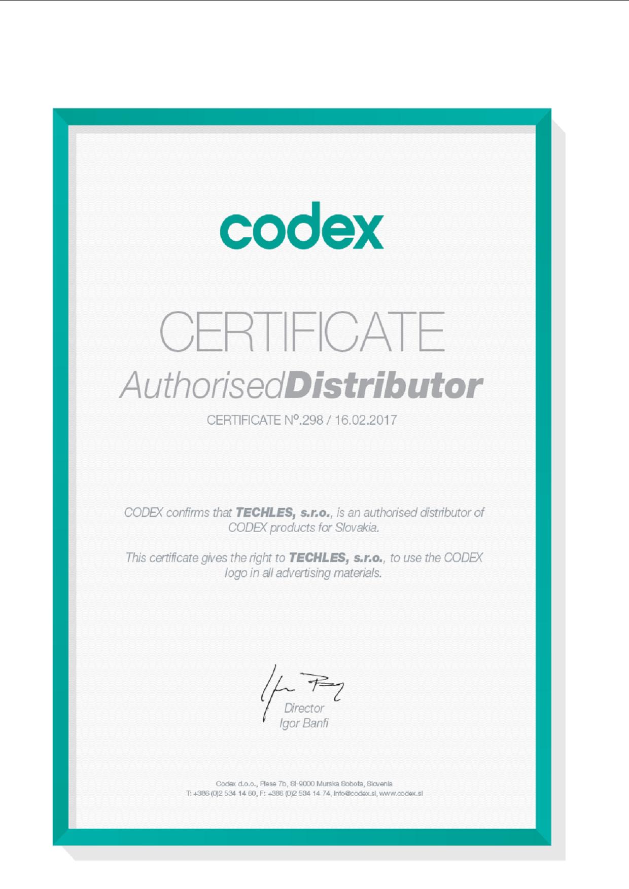 Techles certifikát predajcu CODEX