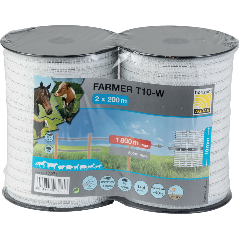 Páska vodivá, Farmer T10-W, L 2 x 200 m, B 10 mm, biela, 2 Rolňa Horizont