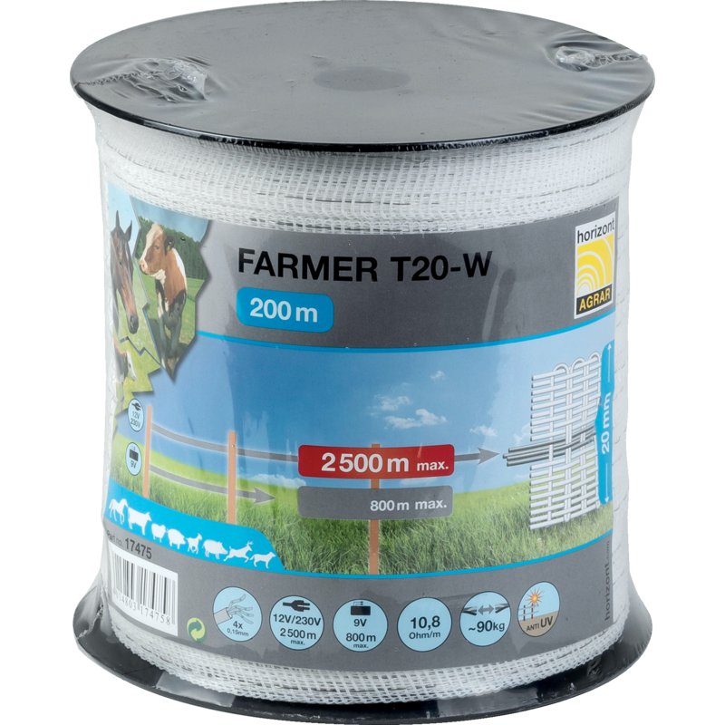 Páska vodivá, Farmer T20-W, L 200 m, B 20 mm, biela Horizont 